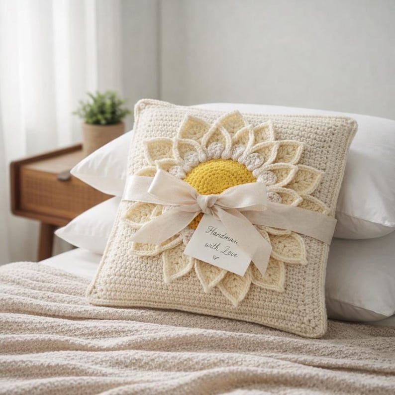 Puede incluir: Coj&iacute;n de crochet color crema con un gran dise&ntilde;o de girasol en amarillo y crema. Una cinta crema y una etiqueta que dice "Handmade with Love" est&aacute;n atadas alrededor del coj&iacute;n. El coj&iacute;n est&aacute; sobre una cama con almohadas blancas.