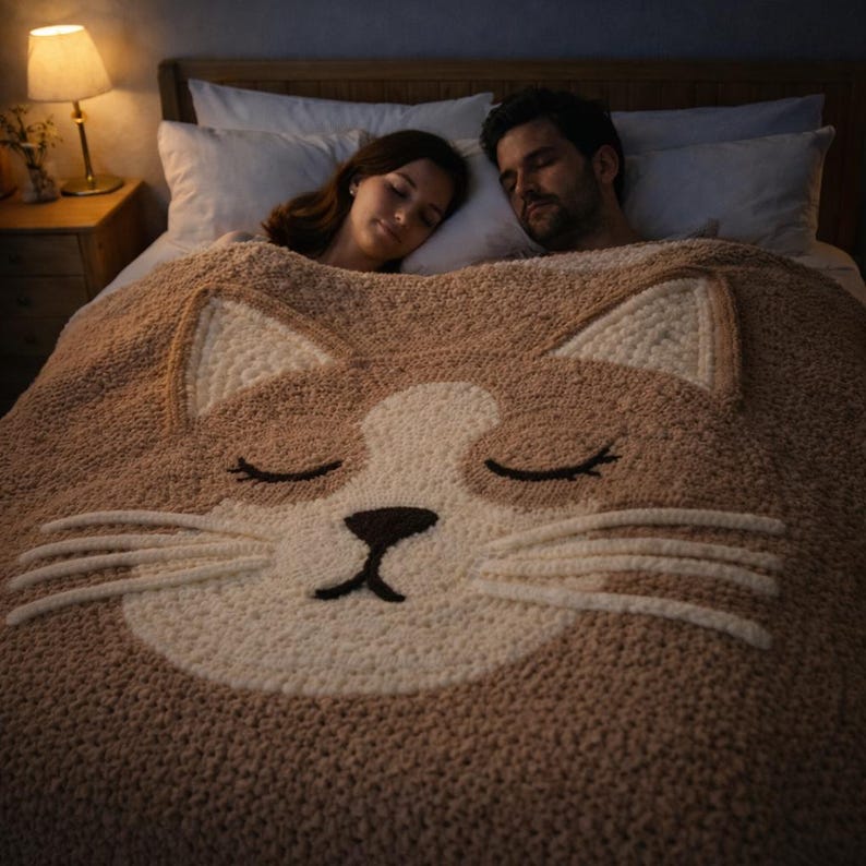 May include: A cozy, brown and cream-colored cat-face blanket covers a bed. The blanket features a large, smiling cat face with closed eyes and whiskers. The blanket is made of a soft, textured material, perfect for snuggling.