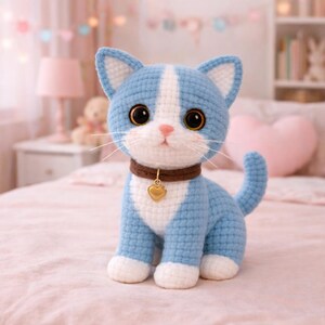 May include: A handmade blue and white crochet cat with large black eyes, a pink nose, and a brown collar with a gold heart charm. The cat has white paws and a white stripe down its face. The cat is sitting on a pink surface.