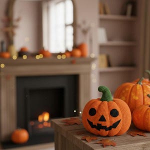 Op de afbeelding: Een gehaakte oranje pompoen met een uitgesneden jack-o'-lantern gezicht en een groene stengel. Andere pompoenen en herfstbladeren liggen op een houten tafel. De sc&egrave;ne roept herfst of Halloween op.