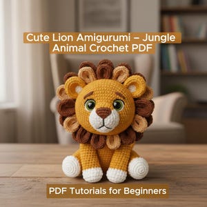 Könnte beinhalten: Ein gehäkeltes Löwen-Amigurumi in Gelb-, Braun- und Weißtönen. Der Löwe hat eine detaillierte Mähne, große grüne Augen und einen freundlichen Ausdruck. Der Text auf dem Bild lautet: "Cute Lion Amigurumi - Jungle Animal Crochet PDF" und "PDF Tutorials for Beginners."