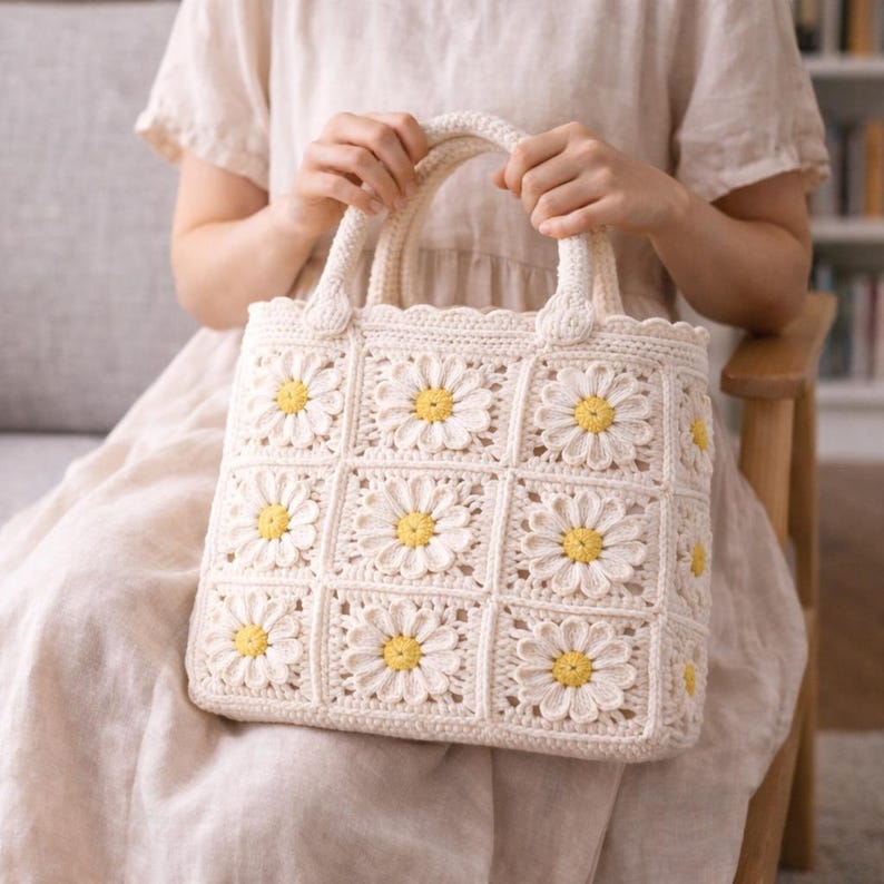 Op de afbeelding: Cr&egrave;mekleurige gehaakte tote bag met een madeliefjespatroon. De tas heeft een vierkante vorm met een handvat en wordt door een persoon vastgehouden. De madeliefjes hebben witte bloemblaadjes en gele centra. De tas is gemaakt van zacht, getextureerd garen.