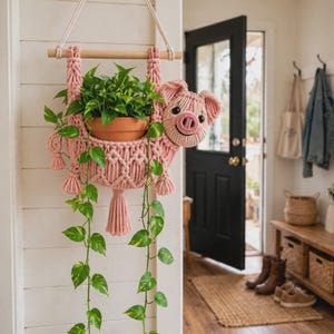 May include: A pink macrame plant hanger shaped like a pig, suspended from a wooden dowel by a white cord. The pig-shaped holder contains a terracotta pot with a trailing green pothos plant. The design features knotted rope details.