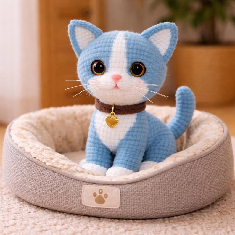 May include: A crocheted blue and white cat with large brown eyes and a brown collar with a gold heart charm. The cat sits in a gray pet bed with a soft, cream-colored interior. The cat's whiskers are visible.