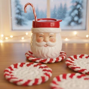 May include: A festive Santa Claus mug with a red rim and a candy cane. The mug rests on a red and white striped coaster. Several similar coasters are in the foreground, creating a Christmas theme.