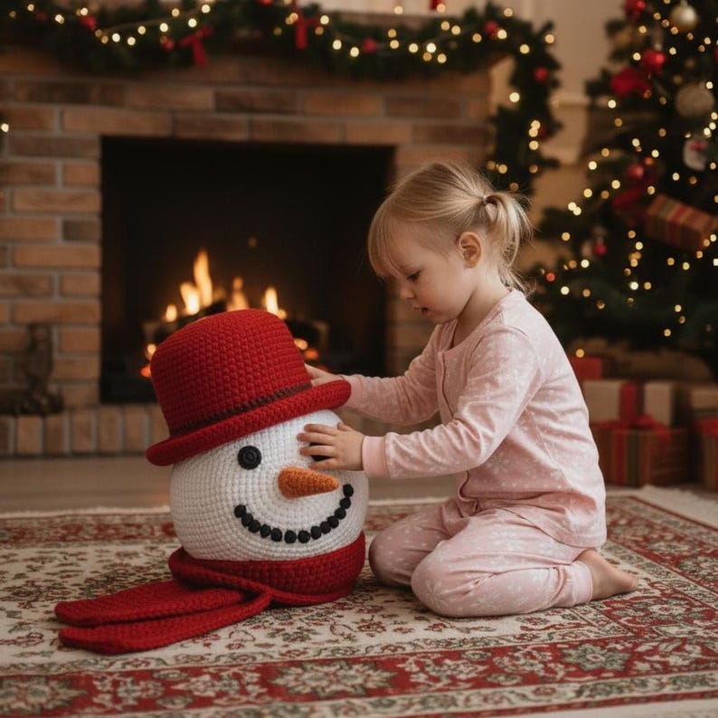 Op de afbeelding: Een gehaakte sneeuwpop met een rode hoed, sjaal en basis, en een witte body. De sneeuwpop heeft een zwart knoopoog, een oranje wortelneus en een lachende mond. Een jong kind in roze pyjama's is in interactie met de sneeuwpop.