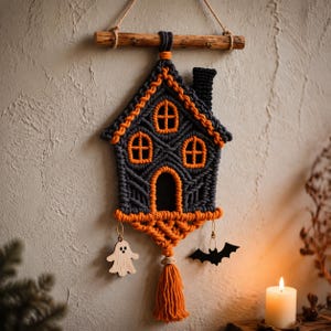 Könnte beinhalten: Ein Makramee-Wandbehang in Hausform aus dunkelgrauer und orangefarbener Kordel. Das Haus hat drei Fenster und eine Tür mit orangefarbenen Umrandungen, einen Schornstein und Fransen. Ein Holzgeist und eine schwarze Fledermaus hängen unten.