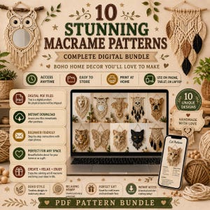 Puede incluir: Un paquete digital de 10 patrones de macram&eacute; con una computadora port&aacute;til que muestra varios dise&ntilde;os de animales y naturaleza, incluyendo un b&uacute;ho, le&oacute;n, tigre, mariposa y gato. El gr&aacute;fico incluye texto, iconos y un tel&eacute;fono inteligente.