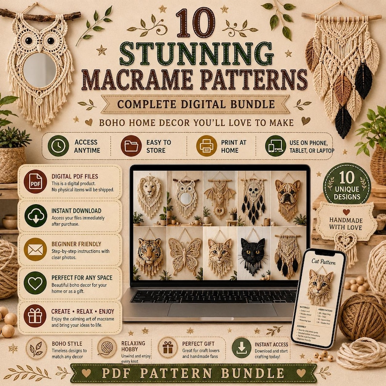 Puede incluir: Un paquete digital de 10 patrones de macram&eacute; con una computadora port&aacute;til que muestra varios dise&ntilde;os de animales y naturaleza, incluyendo un b&uacute;ho, le&oacute;n, tigre, mariposa y gato. El gr&aacute;fico incluye texto, iconos y un tel&eacute;fono inteligente.