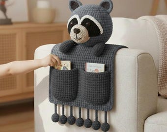 Raccoon Sofa Armrest Organizer Crochet Pattern • Amigurumi Couch Caddy • Crochet Book & Remote Holder • Cute Raccoon Pattern PDF