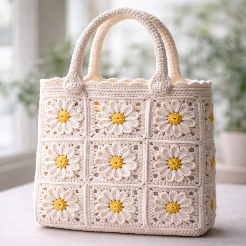 Op de afbeelding: Cr&egrave;mekleurige gehaakte tote bag met een madeliefjespatroon. De tas heeft een rechthoekige vorm met twee handvatten en is versierd met witte madeliefjes met gele centra. De haaksteken zijn zichtbaar en geven het ontwerp textuur.
