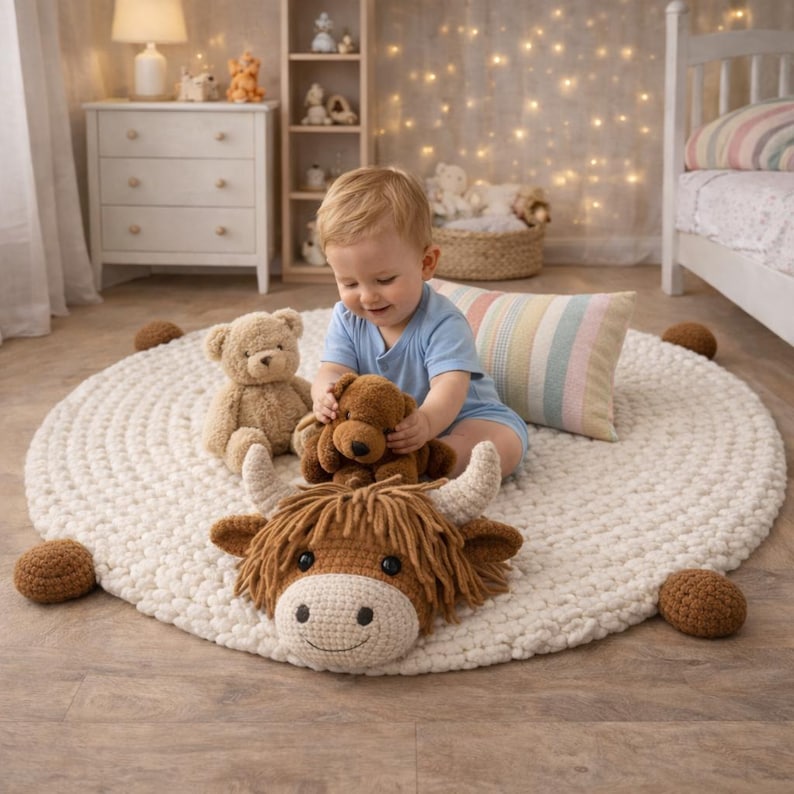 May include: A baby sits on a large, round, cream-colored rug, surrounded by stuffed animals. A crocheted Highland cow head with horns and a smiling face is in the foreground. Two teddy bears and a striped pillow are also visible.