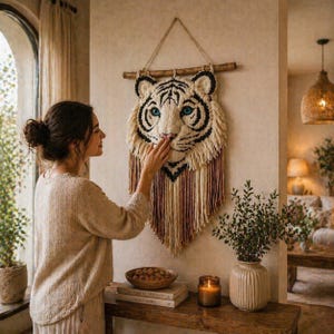 Puede incluir: Un tapiz de pared de tigre hecho a mano con una cara color crema, rayas negras y ojos azules. La cabeza del tigre está montada en un pasador de madera con flecos crema, marrón y morado. Esta pieza única añade un toque bohemio a cualquier habitación.