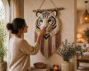 May include: A handcrafted tiger wall hanging with a cream-colored face, black stripes, and blue eyes. The tiger's head is mounted on a wooden dowel with cream, brown, and purple fringe. This unique piece adds a touch of bohemian style to any room.