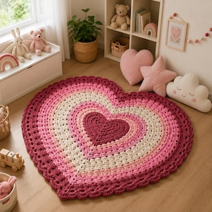 Puede incluir: Una alfombra de ganchillo con forma de corazón que presenta capas concéntricas de hilo en tonos burdeos intenso, rosa brillante, rosa suave y crema. La alfombra tiene un borde festoneado texturizado y un tejido denso que forma un gran corazón.