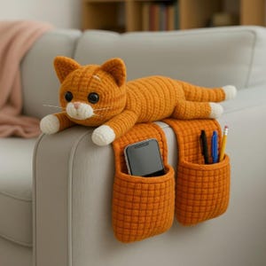 Puede incluir: Un juguete de gato de ganchillo naranja descansa sobre un organizador de reposabrazos naranja con dos bolsillos. Un bolsillo contiene un teléfono inteligente, el otro bolígrafos y un lápiz. El gato tiene patas blancas y hocico blanco.
