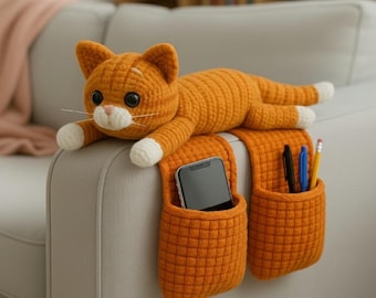Cat Couch Arm Organizer Crochet Pattern PDF – Amigurumi Sofa Caddy – Cute Cat Storage Holder – Remote & Glasses Crochet Pattern