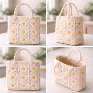 Op de afbeelding: Cr&egrave;mekleurige gehaakte tote bag met een madeliefjespatroon. De tas heeft een vierkante vorm, twee handvatten en is versierd met gele en witte madeliefjesmotieven. De binnenkant is gevoerd met een beige stof. Een charmant, handgemaakt accessoire.