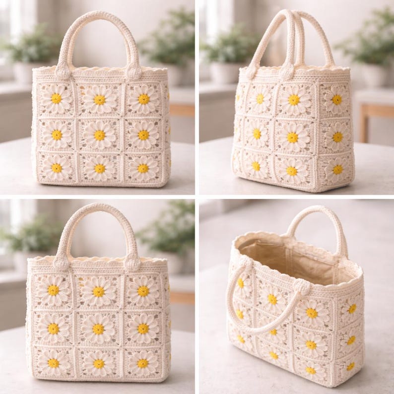 Op de afbeelding: Cr&egrave;mekleurige gehaakte tote bag met een madeliefjespatroon. De tas heeft een vierkante vorm, twee handvatten en is versierd met gele en witte madeliefjesmotieven. De binnenkant is gevoerd met een beige stof. Een charmant, handgemaakt accessoire.