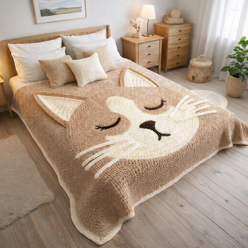 May include: A beige and cream-colored knitted blanket featuring a large cat face design. The blanket has a textured appearance with the cat's eyes closed and whiskers. The blanket is on a bed with white pillows and a wooden frame.