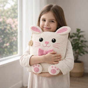 Puede incluir: Un cojín de conejo tejido a ganchillo de color crema con detalles en rosa. El cojín tiene forma cuadrada con una cara de conejo, que incluye ojos negros, bigotes rosas y una pajarita rosa. El conejo tiene orejas internas rosas y almohadillas rosas. Una pequeña etiqueta está adjunta.