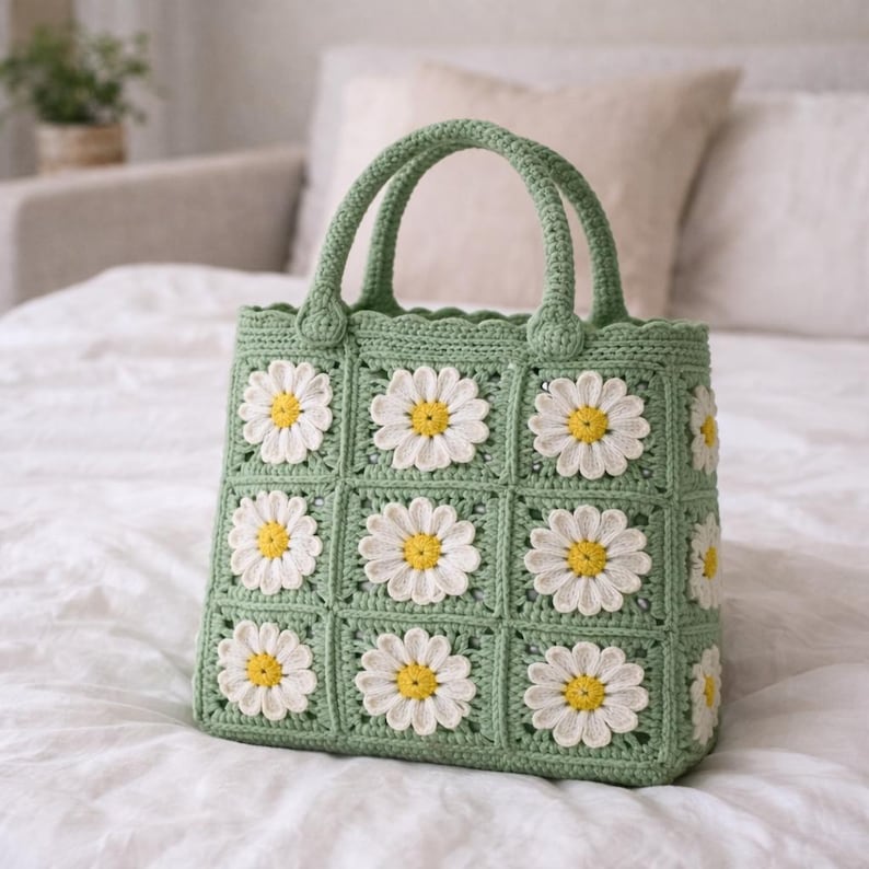Op de afbeelding: Een groene gehaakte tote bag met witte madeliefjes applicaties en gele centra. De tas heeft twee afgeronde handvatten en is gemaakt van vierkante gehaakte panelen. De tas staat op een witte ondergrond.