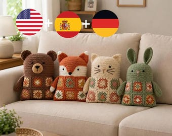 Bundel met haakpatronen voor een kussen met bosdieren (Oma-stijl), beer, vos, kat, konijn, amigurumi kussen, gehaakte woondecoratie