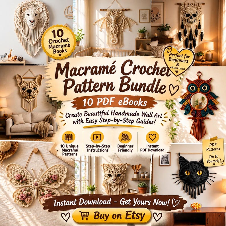Puede incluir: Una colecci&oacute;n digital de 10 libros electr&oacute;nicos PDF Macram&eacute; Crochet Pattern Bundle con varios dise&ntilde;os de arte mural que incluyen un le&oacute;n, drag&oacute;n, calavera, b&uacute;ho, mariposa, gato y perro, con superposiciones de texto sobre instrucciones.