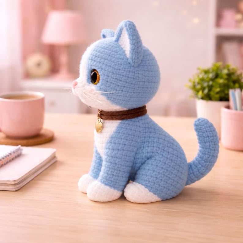 May include: A handmade blue and white crochet cat figurine with a brown collar and a gold heart-shaped tag. The cat has large, expressive eyes and is sitting upright. The cat is a decorative item.