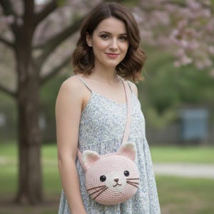 Puede incluir: Un bolso bandolera con forma de gato, de color rosa claro y tejido a ganchillo, con una correa larga. El bolso tiene ojos negros, hocico blanco y bigotes marrones. El bolso se lleva al hombro.