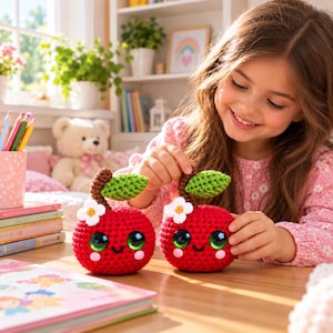 Peut inclure: Deux jouets ronds en crochet en forme de pomme rouge avec de grands yeux verts brillants, de petits sourires noirs et des joues roses. Chaque pomme possède une tige marron, une feuille verte texturée et une petite fleur blanche au centre jaune.