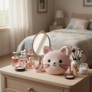 Puede incluir: Un bolso rosa claro con forma de gato tejido a ganchillo, con ojos negros y bigotes marrones, descansa sobre una c&oacute;moda de madera. Un peque&ntilde;o espejo redondo, frascos de perfume, brochas de maquillaje y pintalabios tambi&eacute;n est&aacute;n presentes.