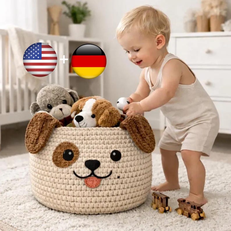 May include: A beige crocheted dog-shaped storage basket filled with stuffed animals. The basket has brown ears, eyes, and a tongue. A young child is playing with the toys and wooden train toys.