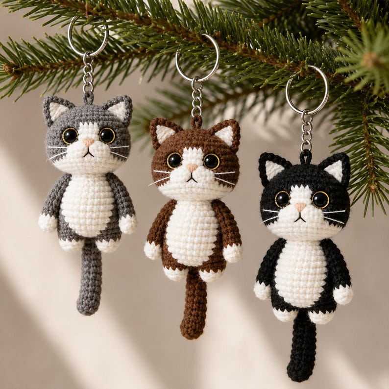 May include: Three crochet cat keychains in gray, brown, and black with white accents. Each cat has a silver keychain ring, black eyes, and a white muzzle. The keychains are hanging from a green, leafy branch.