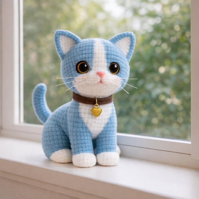 May include: A crocheted cat figurine in shades of blue and white, with large, expressive eyes. It has a brown collar with a gold heart-shaped charm. The cat is sitting on a white windowsill, with a blurred green background.