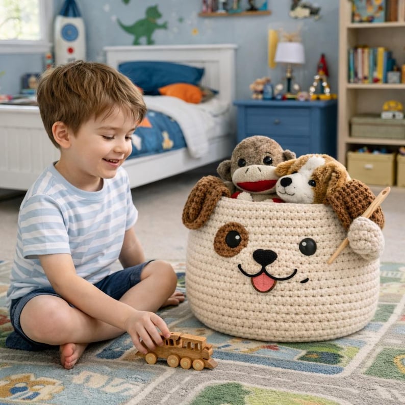 May include: A cream-colored, crocheted storage basket shaped like a dog's face, with brown ears and eye patches. The basket holds a stuffed monkey and a stuffed dog. A wooden toy train sits on the floor in front of the basket.