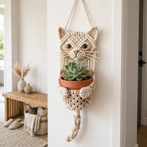 Cat Macrame Plant Hanger Pattern, Cat Wall Hanging PDF, Boho Plant Holder DIY, Hanging Planter Pattern, Macrame Cat Decor