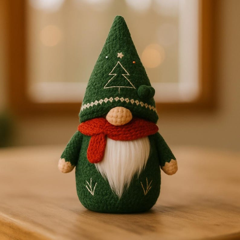 May include: A green Christmas gnome doll with a pointed hat featuring a white embroidered tree design. The gnome has a red scarf, a beige nose, and a white beard. The doll is a festive holiday decoration.