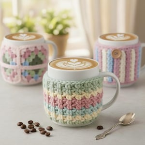Może przedstawiać: Trzy białe ceramiczne kubki z latte art, każdy ozdobiony unikalnym, kolorowym, szydełkowym etui. Wzory etui obejmują pastelowe paski i wzór granny square. Widoczne są również ziarna kawy i łyżka.