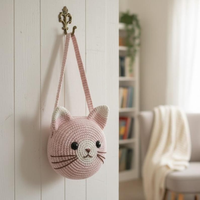 Puede incluir: Un bolso rosa con forma de gato tejido a ganchillo, con una correa larga, colgado de un gancho decorativo. El bolso presenta ojos negros, bigotes marrones y orejas con puntas blancas. El bolso est&aacute; hecho de hilo suave y texturizado.