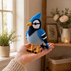 Op de afbeelding: Een handgemaakte gehaakte blauwe gaai vogel met een gele snavel en poten. De vogel heeft een lichtblauw lichaam, donkerblauwe vleugels en een opvallende kuif. De vogel is ongeveer 15 cm hoog en is een decoratief item.