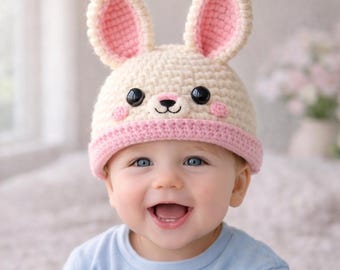 Patron de bonnet lapin au crochet PDF | Bonnet mignon avec oreilles de lapin pour bébé, enfants et adultes | Bonnet d'hiver adapté aux débutants | Téléchargement instantané