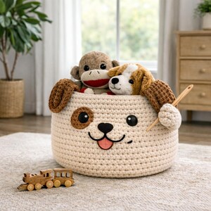 May include: A cream-colored, crocheted basket shaped like a dog's face, filled with stuffed animals. The basket has brown ear accents, black eyes, and a pink tongue. A wooden toy train sits nearby.