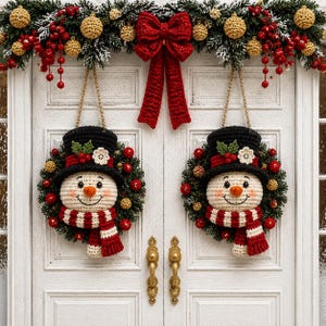 May include: Two crocheted snowman wreaths hanging on a white double door. Each snowman wears a black top hat with a red band, holly leaves, and a white flower. They have orange carrot noses and red and white striped scarves. A red bow hangs above.