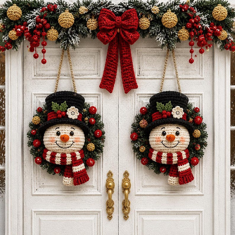 May include: Two crocheted snowman wreaths hanging on a white double door. Each snowman wears a black top hat with a red band, holly leaves, and a white flower. They have orange carrot noses and red and white striped scarves. A red bow hangs above.
