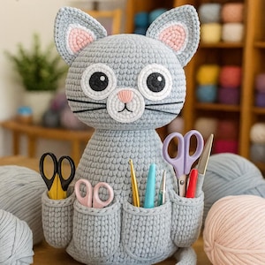 May include: A gray crocheted cat-shaped organizer with pink inner ears, black eyes, and whiskers. The cat has multiple pockets holding scissors, crochet hooks, and other craft tools. Yarn balls are visible in the background.
