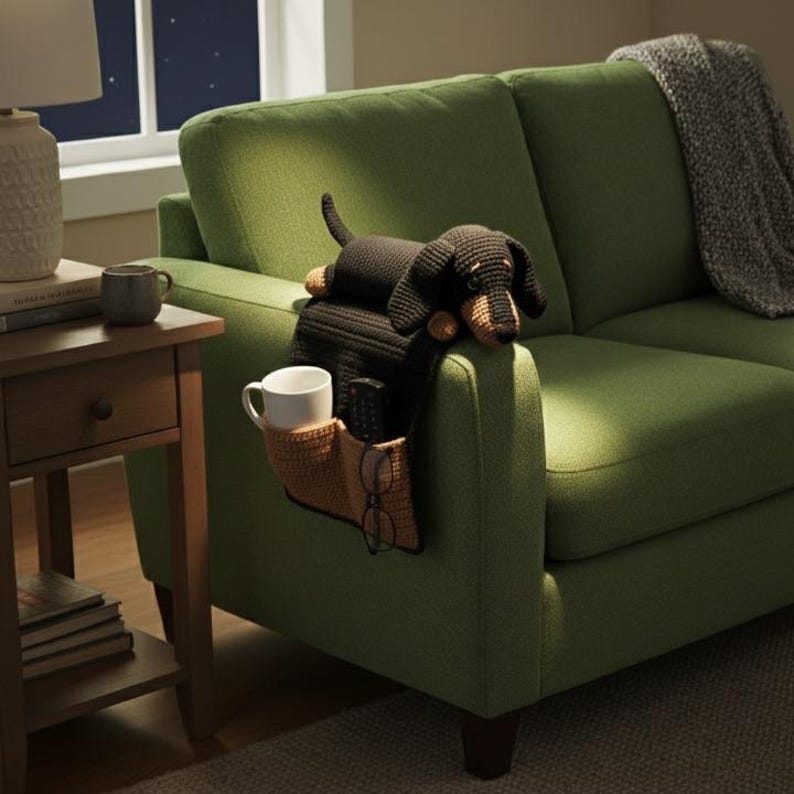 May include: A green sofa with a black and tan dachshund dog-shaped pillow and a crocheted armrest organizer. The organizer holds a white mug, remote control, and glasses. A gray blanket rests on the sofa.
