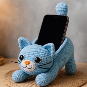 Op de afbeelding: Lichtblau gehaakte katvormige telefoonhouder met een zwarte smartphone. De kat heeft grote zwarte ogen, een witte snuit en een oranje neus. De houder staat op een geweven mat.