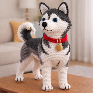 Realistyczny wzór szydełkowy na amigurumi husky – zaawansowany samouczek na pluszowego psa, husky syberyjski w formacie PDF, uroczy wzór szydełkowy na psa