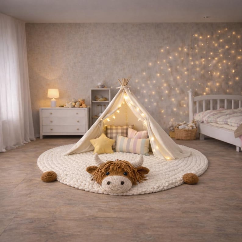 May include: A cozy children's play area featuring a cream-colored teepee tent adorned with fairy lights, set on a round, white, knitted rug. A crocheted Highland cow head pillow rests on the rug. The room includes a white dresser, bed, and star-shaped pillow.